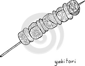 Yakitori - japanese food ink illustration. Graphic black and white artwork. Coloring page for adults. Vector illustration