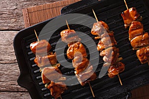 Yakitori skewers of chicken on a grill pan close-up. horizontal