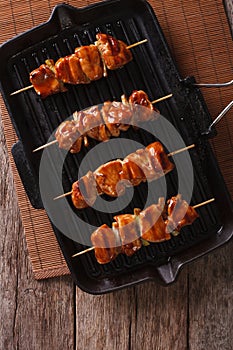 Yakitori skewers of chicken on a grill pan. vertical top view