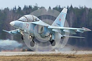 Yakovlev Yak-130 RF-81681 training aircraft of Russian air force during Victory Day parade rehearsal at Kubinka air force base.