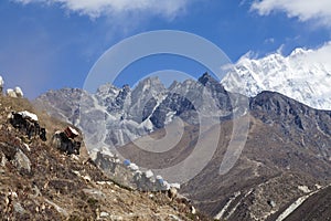 Yaks on the way to Everest Base Camp, beautiful sunny weather and spectacular views photo