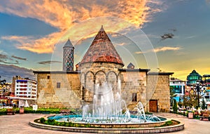 Yakutiye Medrese with a fountain in Erzurum, Turkey