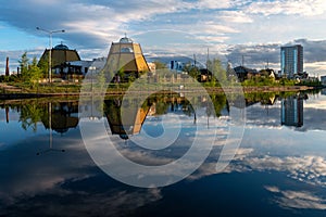 Yakutsk city landscape with Lake Teploe and an authentic Archy House