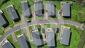 Yalberton, South Devon, England: DRONE VIEW: A direct, overhead view of lodges in a holiday park in the South Devon hills photo
