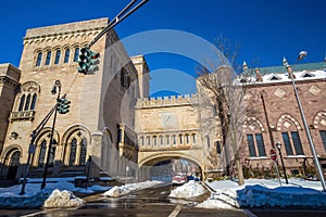 Yale university buildings in winter after snow storm Linus