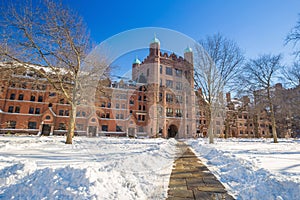 Yale university buildings in winter after snow storm Linus