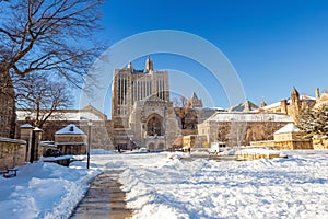 Yale university buildings in winter after snow storm Linus