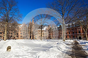 Yale university buildings in winter after snow storm Linus