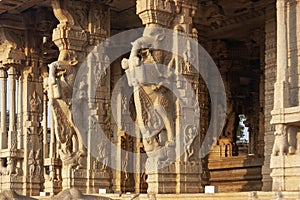 Yalli mytical figures on pliiars at Vittala Temple at Hampi, Karnataka, India