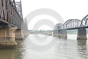 Yalu River Short Bridge. a famous historic site in Dandong, Liaoning, China.