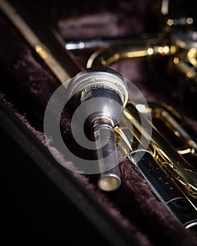 Yamaha YBL-421G Bass Trombone with F Attachment in Dark Velvet-Lined Hard Case mouth piece close up