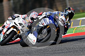 Yamaha YZF R1 of Yamaha World Superbike Team, driven by Marco Melandri in action during the Superbike Practice in Imola Circuit