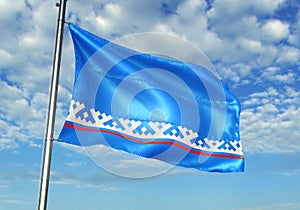 Yamal Nenets Autonomous District region of Russia Flag waving with sky on background realistic 3d illustration