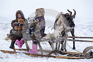 The Yamal Peninsula  the extreme north. Happy boy and girl on reindeer herder pasture in a cold winter day  polar circle  children photo