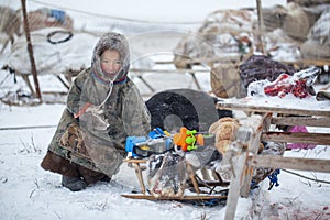 The Yamal Peninsula.  Happy boy on reindeer herder pasture