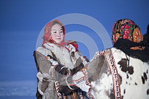 Yamalo-Nenets Autonomous Okrug, extreme north, Nenets family in the national winter clothes of the northern inhabitants of the