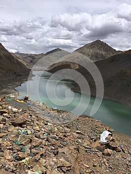 Yamdrok Lake near Karola Glacier in Spring in Tibet in China.