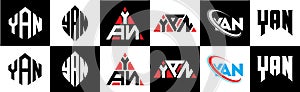 YAN letter logo design in six style. YAN polygon, circle, triangle, hexagon, flat and simple style with black and white color photo