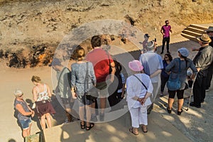 YANAR DAG, AZERBAIJAN - JUNE 19, 2018: Tourists observe Yanar Dag, burning mountain, continuous natural gas fire in