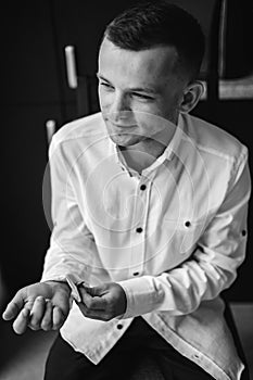 Yang man clothes shirt. black and white photo