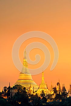 Yangon, Myanmar view of Shwedagon Pagoda at dusk.