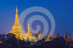 Yangon, Myanmar view of Shwedagon Pagoda at dusk.