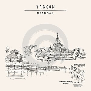 Yangon Rangoon, Myanmar Burma, Southeast Asia. The Karaweik Hall, also known as Karaweik Palace, on Kandawgyi Royal Lake. Hand