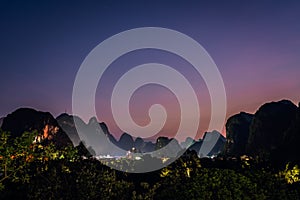 Yangshuo landscape panorama after dusk