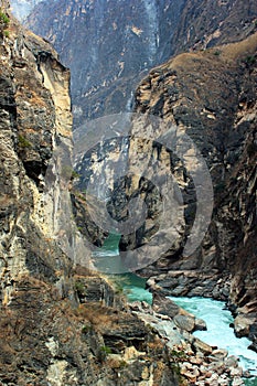 Yangtze river in the most narrow part of TigerLeaping Gorge. Yunnan, Southern China