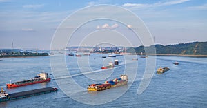 Yangtze river water transportation scene at dusk