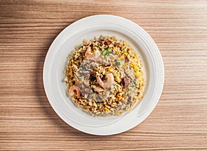 yangzhou fried rice with shrimp, prawn and eggs served in dish isolated on table top view of hong kong food