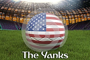 The Yanks on USA football team ball on big stadium background. 3d rendering. USA Team competition concept. USA flag on ball team t photo