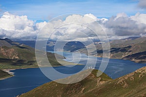 Yanmdrok Lake River Landscape and High Peak photo