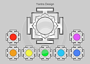 Yantras set icon, copy space. Sacred Indian Geometry Mystical Meditative Diagram. Set of sri yantras for six chakras isolated photo