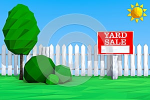 Yard Sale Board on grass Field in Low Polygons Style. 3d Rendering