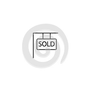 Yard sold sign board line icon. Sale banner tag message