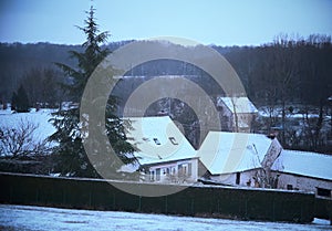 Yard with trees surrounding an aged house in Saint-Loup-de-Naud