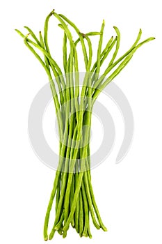 Yardlong beans, long green bean on white background.