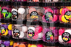 Yaremche Ukraine. 25 june 2021: Colorful bath bombs, handmade soap in jar