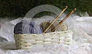 Yarn ball and Crochet Hook put in woven basket