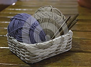 Yarn ball and Crochet Hook put in woven basket