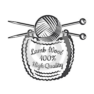 Yarn ball with crossed knitting needles with knitting. Logo for craft related site