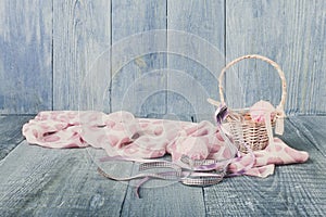 Yarn balls in basket. Knitting background