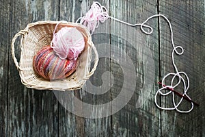 Yarn in basket with crochet hook photo
