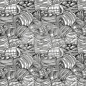 yarn collection, black line art seamless pattern