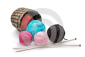 Yarn and knitting needles arranged in a basket photo