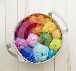 Yarn for knitting rainbow. Wood background