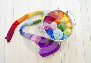 Yarn for knitting rainbow. Wood background
