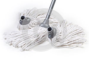 Yarn mop with replaceable screwing working heads on white background