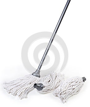 Yarn mop and two replaceable working heads on white background